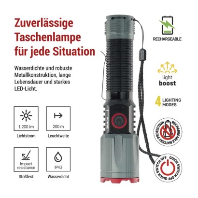 LED Aufladbare Metall-Taschenlampe 1200 lm, 2200 mAh