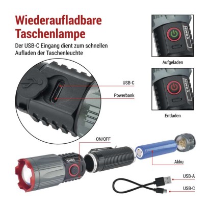LED Aufladbare Metall-Taschenlampe 1200 lm, 2200 mAh