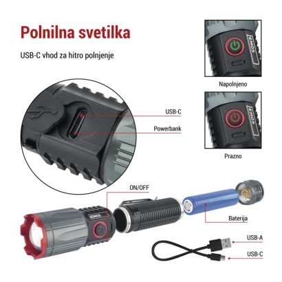 LED Polnilna svetilka kovinska 1200 lm, 2200 mAh