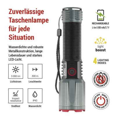 LED Aufladbare Metall-Taschenlampe 3000 lm, 5000 mAh