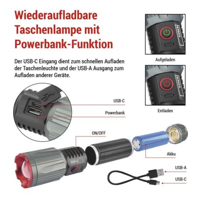 LED Aufladbare Metall-Taschenlampe 3000 lm, 5000 mAh