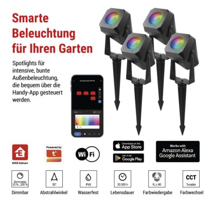 GoSmart LED-Außenstrahler, Starter-Set, 4-teilig, 7 W, RGBIC dimmbar, WiFi
