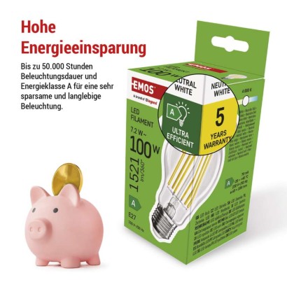 LED Lampe Filament A60 A CLASS / E27 / 7,2 W (100 W) / 1521 lm / Neutralweiß