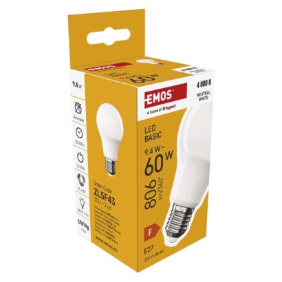 Żarówka LED Basic A60 / E27 / 9,4 W (60 W) / 806 lm / 806 lm / Neutralna biel