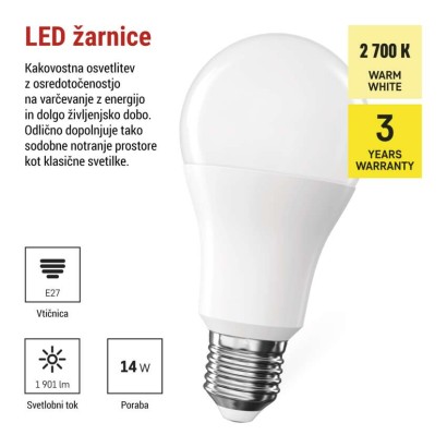 LED žarnica Classic A60 / E27 / 14 W (120 W) / 1901 lm / Toplo bel