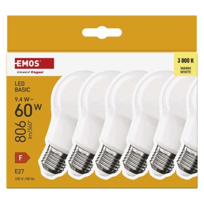 LED žarnica Basic A60 / E27 / 9,4 W (60 W) / 806 lm / Toplo bel