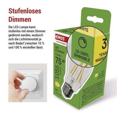 LED Lampe Filament A60 / E27 / 7,5 W (75 W) / 1 055 lm / Warmweiß / dimmbar