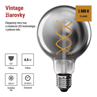 LED žiarovka DECO SMOKED G95 / E27 / 4,5 W (19 W) / 180 lm / flame