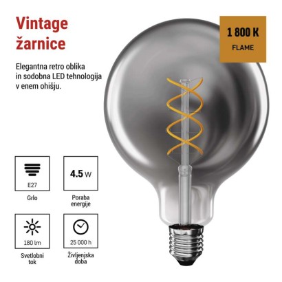 LED žarnica DECO SMOKED G125 / E27 / 4,5 W (19 W) / 180 lm / flame