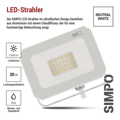 LED reflektor SIMPO 20W, weiß, IP65, 2000 lm, neutralweiß