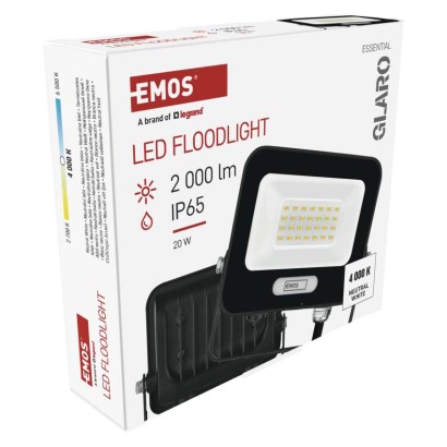 LED reflektor GLARO 20W, černý, IP65, 2000 lm, neutrální bílá