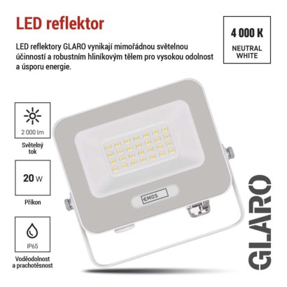 LED reflektor GLARO 20W, bílý, IP65, 2000 lm, neutrální bílá