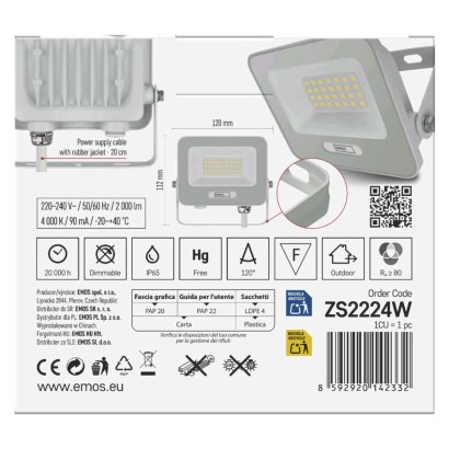 LED reflektor GLARO 20W, bílý, IP65, 2000 lm, neutrální bílá