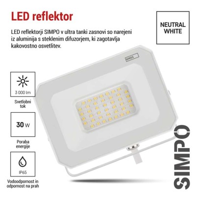 LED reflektor SIMPO 30W, bel, IP65, 3000 lm, nevtralna bela