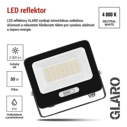 LED reflektor GLARO 30W, černý, IP65, 3000 lm, neutrální bílá