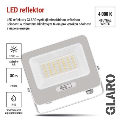 LED reflektor GLARO 30W, bílý, IP65, 3000 lm, neutrální bílá