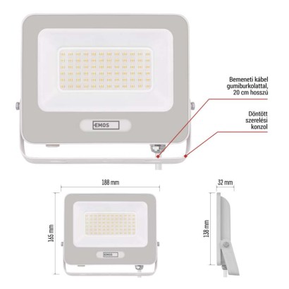 LED reflektor GLARO 50W, fehér, IP65, 5000 lm, természetes fehér