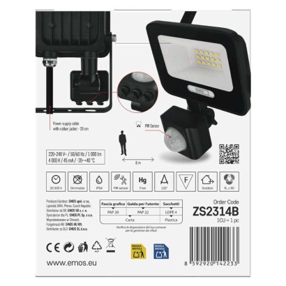 LED reflektor GLARO s pohybovým čidlem, 10 W, černý, IP54, 1000 lm, neutrální bílá