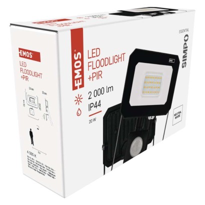 LED reflektor SIMPO s pohybovým čidlem, 20 W, černý, neutrální bílá