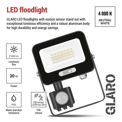 LED reflektor GLARO s pohybovým čidlem, 20 W, černý, IP54, 2000 lm, neutrální bílá