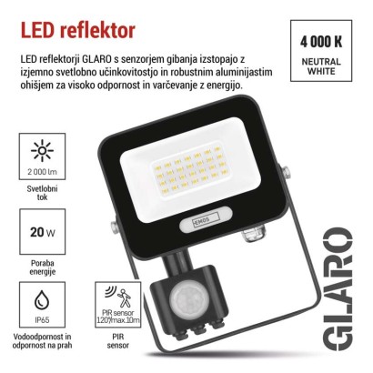 LED reflektor GLARO s pohybovým čidlem, 20 W, černý, IP54, 2000 lm, neutrální bílá