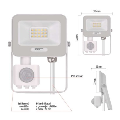 LED reflektor GLARO s pohybovým čidlem, 20 W, bílý, IP54, 2000 lm, neutrální bílá