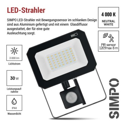 LED reflektor SIMPO mit Bewegungssensor, 30 W, neutralweiß