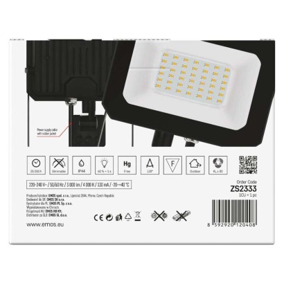 LED reflektor SIMPO s pohybovým čidlem, 30 W, černý, neutrální bílá