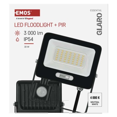 LED reflektor GLARO s pohybovým čidlem, 30 W, černý, IP54, 3000 lm, neutrální bílá