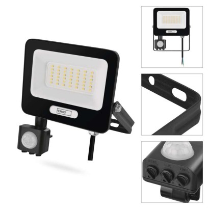 LED reflektor GLARO s pohybovým čidlem, 30 W, černý, IP54, 3000 lm, neutrální bílá