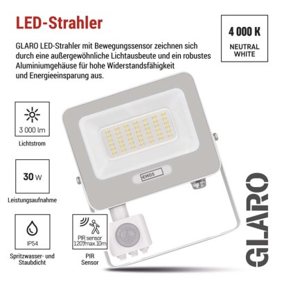 LED reflektor GLARO mit Bewegungssensor, 30 W,weiß, IP54, 3000 lm, neutralweiß