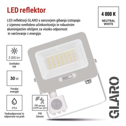 LED reflektor GLARO PIR 30 W, bel, IP54, 3000 lm, nevtralna bela