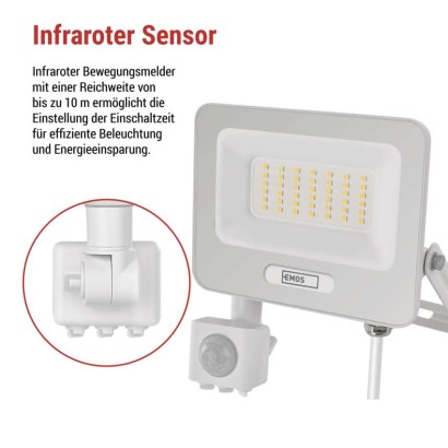 LED reflektor GLARO mit Bewegungssensor, 30 W,weiß, IP54, 3000 lm, neutralweiß