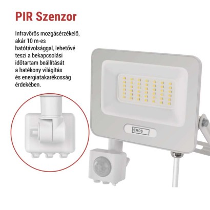 LED reflektor GLARO PIR 30 W, fehér, IP54, 3000 lm, természetes fehér