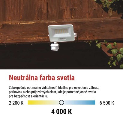 LED reflektor GLARO s pohybovým čidlom, 30 W, biely, IP54, 3000 lm, neutrálna biela