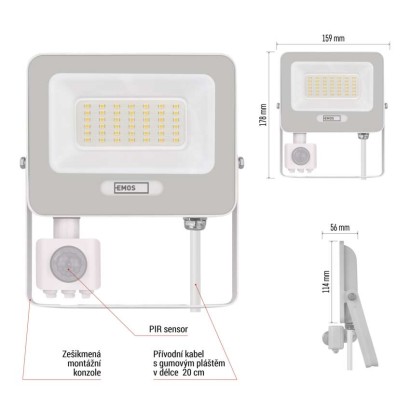 LED reflektor GLARO s pohybovým čidlem, 30 W, bílý, IP54, 3000 lm, neutrální bílá