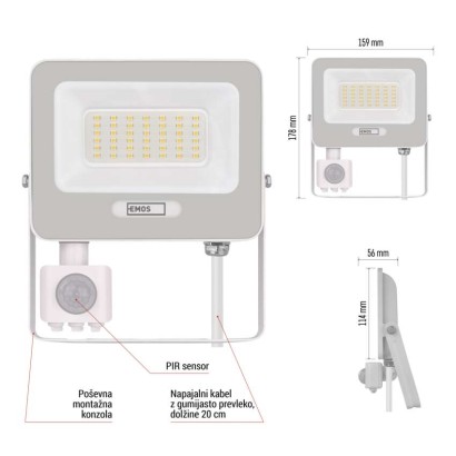 LED reflektor GLARO PIR 30 W, bel, IP54, 3000 lm, nevtralna bela