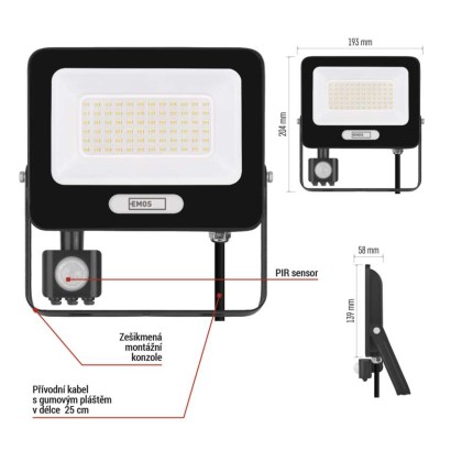 LED reflektor GLARO s pohybovým čidlem, 50 W, černý, IP54, 5000 lm, neutrální bílá