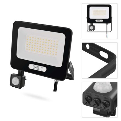 LED reflektor GLARO s pohybovým čidlem, 50 W, černý, IP54, 5000 lm, neutrální bílá