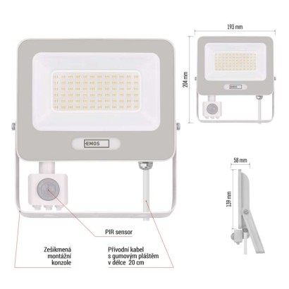 LED reflektor GLARO s pohybovým čidlem, 50 W, bílý, IP54, 5000 lm, neutrální bílá