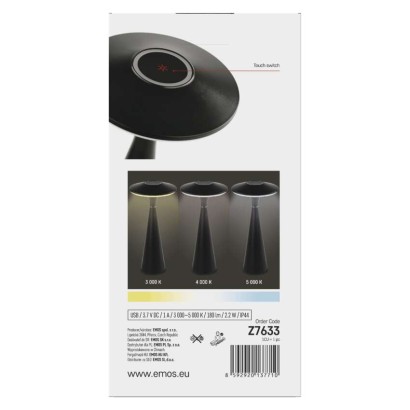 LED stolní lampa JASON, nabíjecí, černá