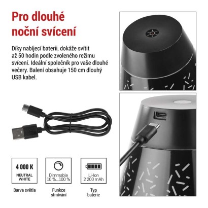 LED stolní lampa GRACE, nabíjecí, černá