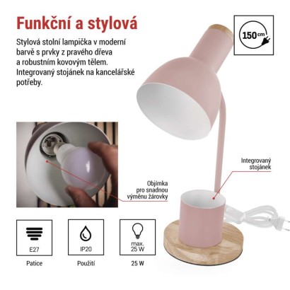Stolní lampa POPPY na žárovku E27, růžová