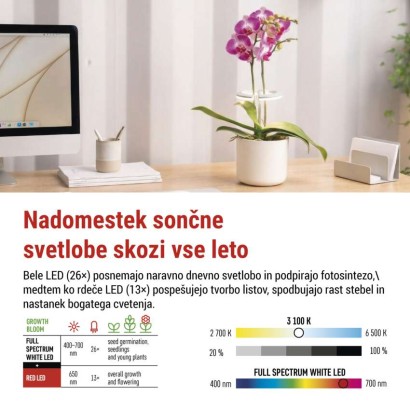 LED svetilka za rastline, polni spekter, 39 LED diod, notranja, časovnik, zatemnljiva