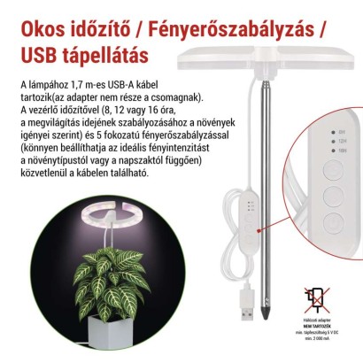 LED növénynevelő lámpa, teljes spektrum, 39 LED, beltéri, időzítővel, dimmelhető
