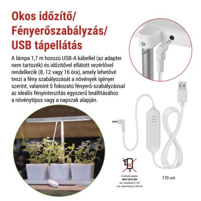 LED növénynevelő lámpa, teljes spektrum, 30 LED, beltéri, időzítővel, dimmelhető