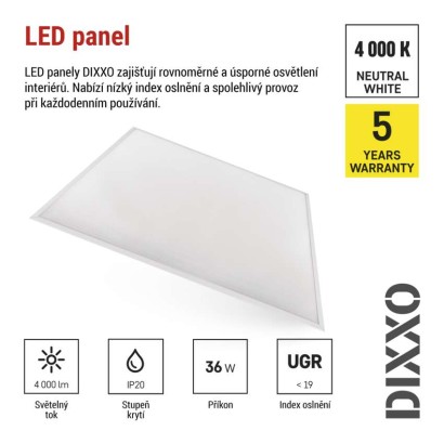 LED panel DIXXO backlit 60×60, čtvercový vestavný bílý, 36W neutr. b. UGR