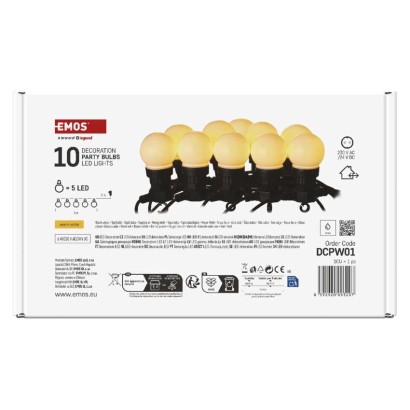 LED fényfüzér – 10x party égő, opál, 5 m, kültéri és beltéri, meleg fehér
