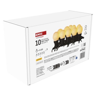 LED fényfüzér – 10x party égő, opál, 5 m, kültéri és beltéri, meleg fehér