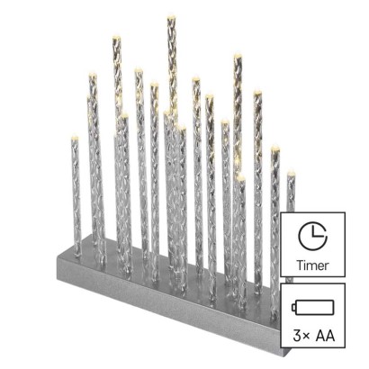 LED gyertyatartó, ezüst, 28,5 cm, 3x AA, beltéri, meleg fehér, időzítő